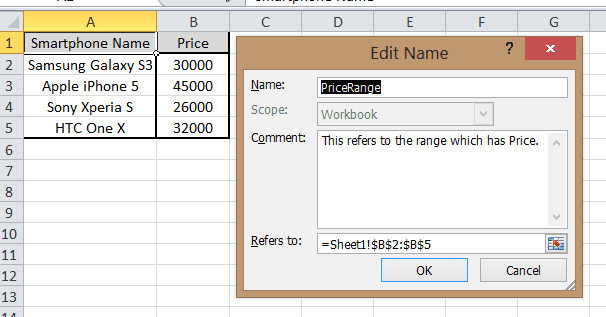 Sample data for named ranges